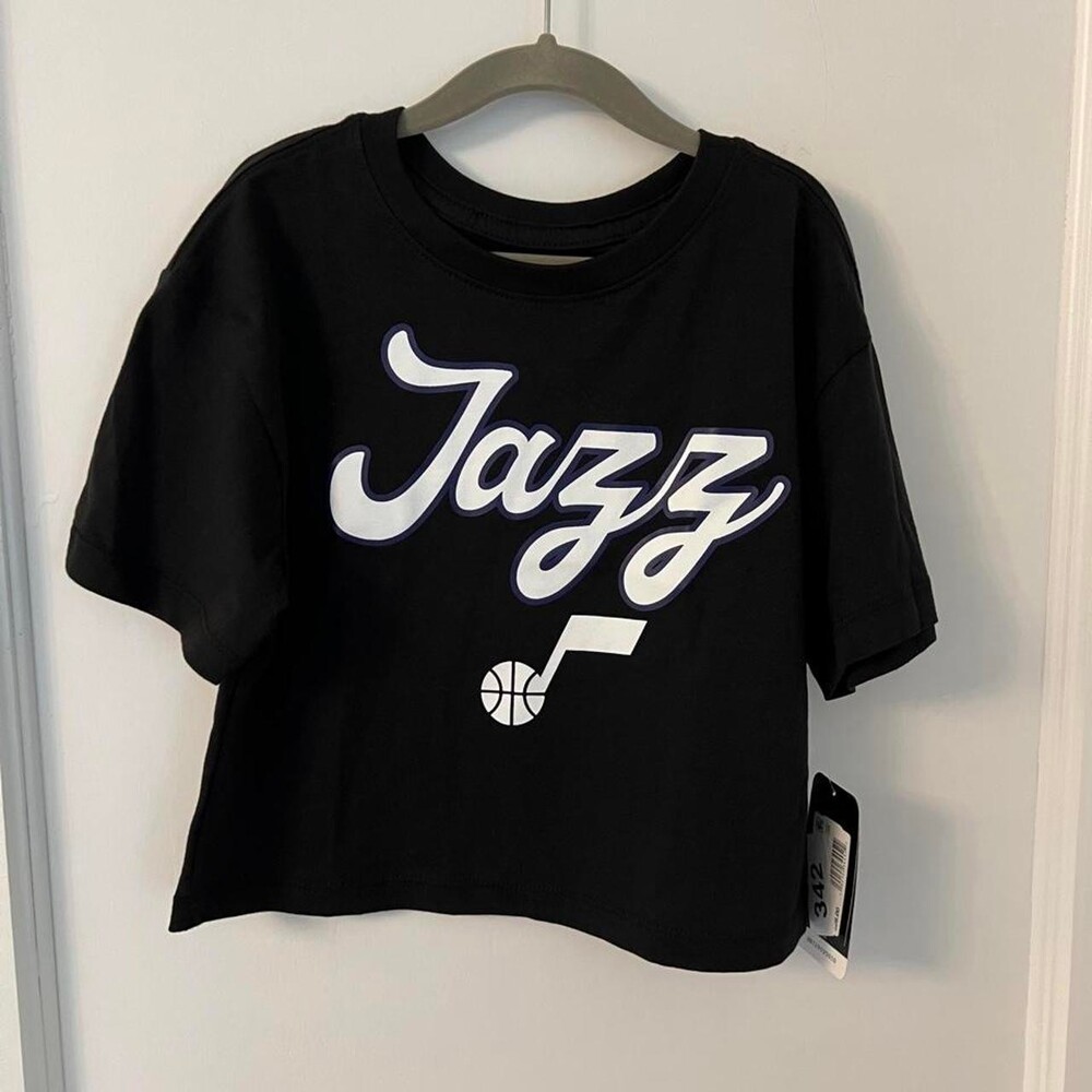 NBA Utah Jazz girls black crop top with white 'Jazz' script and basketball graph